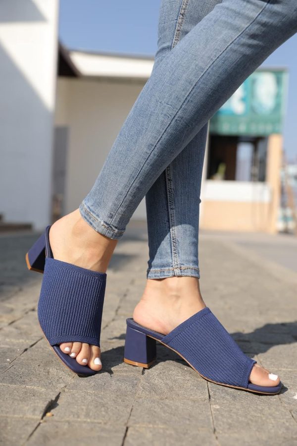 Women's Open Toe Heeled Mules Block Heels Sandals Knit Chunky Square Heels Slip On Breathable Slides Sandal
