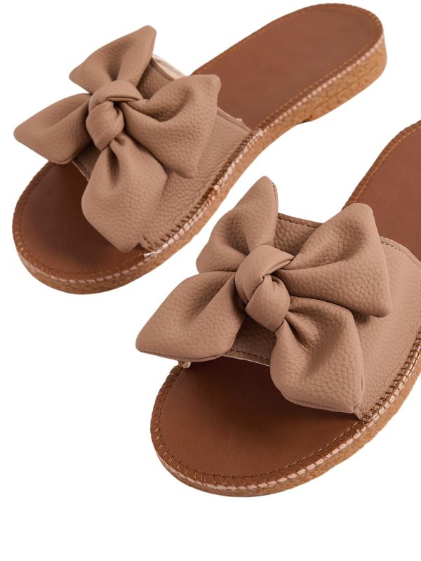 Women's Open Toe Flat Sandals Bow Knot Slides Leather Summer Slippers