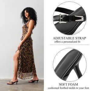 Women Kitten Heels Sandals Square Open Toe Flip Flop Heels Black thong Low heels Widths Adjustable
