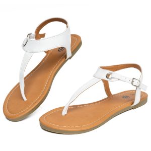 Flat Thong Sandals with T-Strap and Adjustable Ankle Buckle for Women