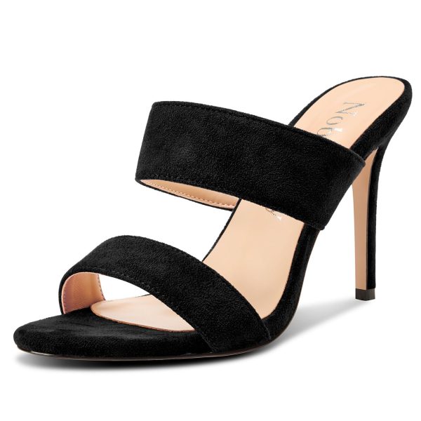Womens Round Open Toe Heeled Sandals Two Strap Stiletto High Heel Sandals Backless Dress Slip-on Mules Sandals 3.9 Inches Heels