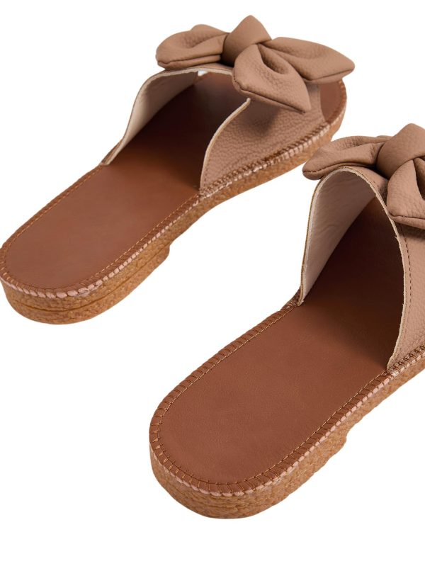 Women's Open Toe Flat Sandals Bow Knot Slides Leather Summer Slippers