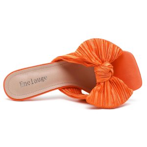 Women's Bow Knot Heeled Sandals Open Toe Low Kitten Heels Mules Sandals Slip On Pleated Wedding Bridal Party Dress Shoes