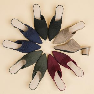 Women’s Knit Closed Pointed Toe Chunky Heel Mules Fashion Mesh Breathable Low Block Heel Pump Sandals Comfortable Slip On Dress