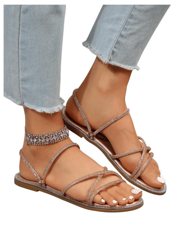 Women's Rhinestone Strappy Open Toe Slide Sandals Slip on Casual Flat Sandals