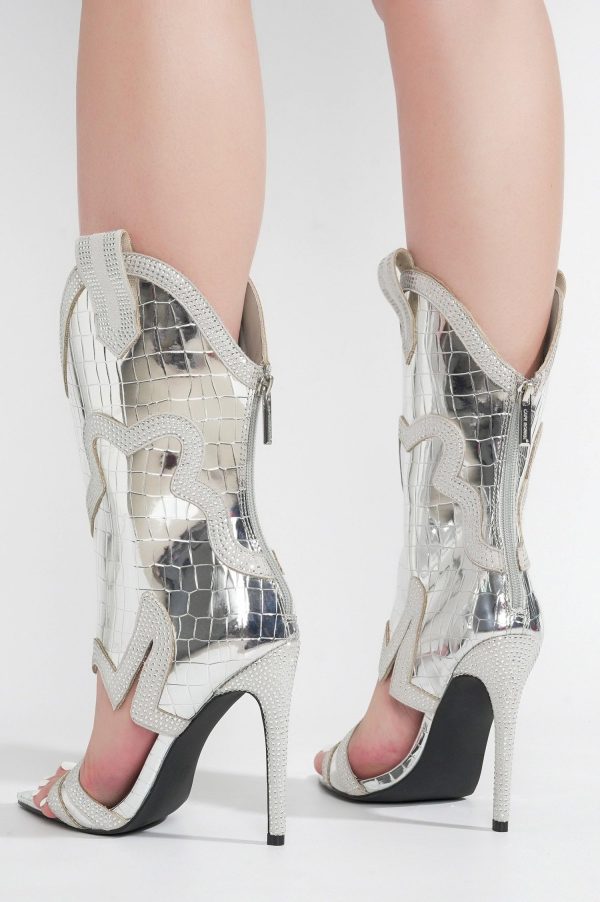 Nayaye Stiletto Fashion Western Booties for Women, Women's Open Toe Mid-calf Boots with Faux Rhinestone