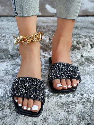 Women's Rhinestone Sandals Glitter Casual Sandal Flats Open Toe Sparkle Slides