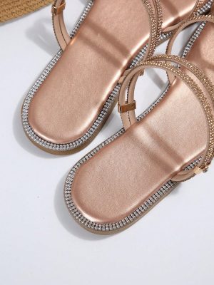 Women's Rhinestone Strappy Open Toe Slide Sandals Slip on Casual Flat Sandals