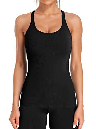 Ribbed Workout Tank Tops for Women with Built in Bra Tight Racerback Scoop Neck Athletic Top