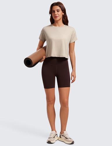 Women's Pima Cotton Workout Short Sleeve Shirts Loose Athletic Crop Tops Gym Casual Cropped T-Shirt