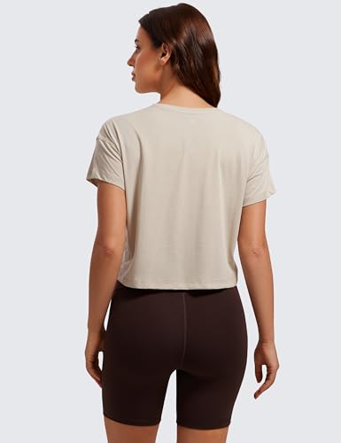 Women's Pima Cotton Workout Short Sleeve Shirts Loose Athletic Crop Tops Gym Casual Cropped T-Shirt