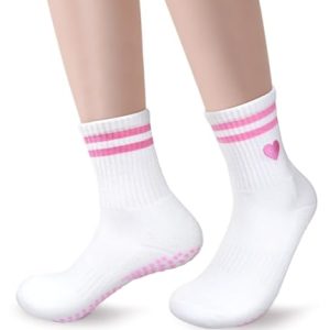 4 Pairs pink Yoga Pilates Socks with Grips for Women, Cute Cuff Embroidery Non Slip, Grippy Crew Socks for Gifts