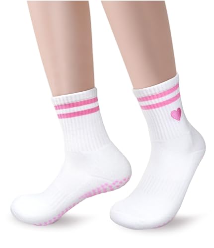 4 Pairs pink Yoga Pilates Socks with Grips for Women, Cute Cuff Embroidery Non Slip, Grippy Crew Socks for Gifts