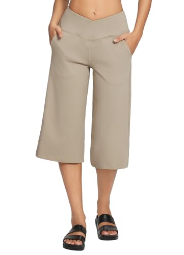 Women's Wide Leg Yoga Capris Pants with Pockets Crossover Waist Loose Plus Size Cropped Pants Casual Summer