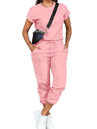 31IZ4acuYKL.jpg Women's 2 Piece Outfits Tracksuit Sets Short Sleeve Tops Jogger Pants with Pockets