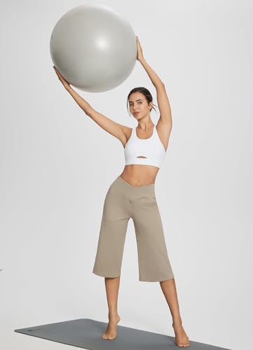Women's Wide Leg Yoga Capris Pants with Pockets Crossover Waist Loose Plus Size Cropped Pants Casual Summer