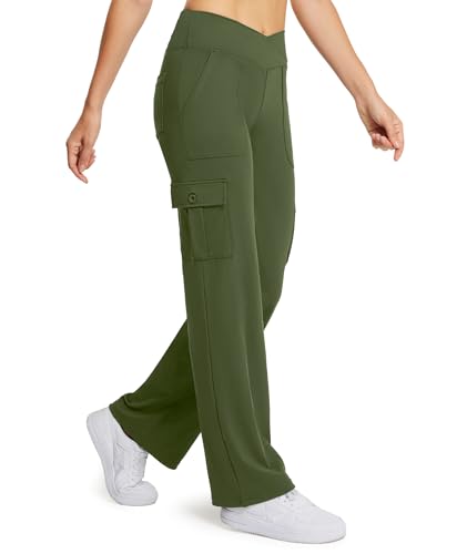 Yoga Pants with Pockets for Women Wide Leg Cargo Pants High Waist Crossover Stretch Work Travel Casual Sweatpants
