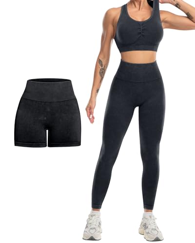 3 Piece Workout Sets for Women Butt Lifting Leggings with High Impact Sports Bra Gym Shorts