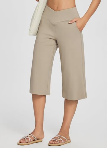 Women's Wide Leg Yoga Capris Pants with Pockets Crossover Waist Loose Plus Size Cropped Pants Casual Summer