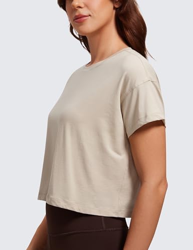 Women's Pima Cotton Workout Short Sleeve Shirts Loose Athletic Crop Tops Gym Casual Cropped T-Shirt