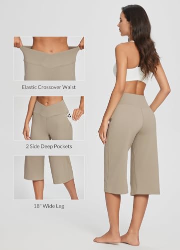 Women's Wide Leg Yoga Capris Pants with Pockets Crossover Waist Loose Plus Size Cropped Pants Casual Summer
