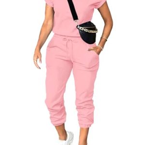 Women's 2 Piece Outfits Tracksuit Sets Short Sleeve Tops Jogger Pants with Pockets