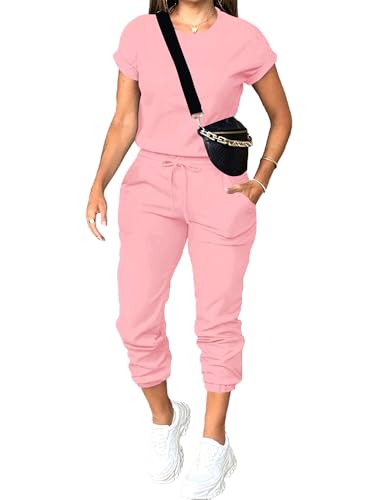 31bAU86bV-L.jpg Women's 2 Piece Outfits Tracksuit Sets Short Sleeve Tops Jogger Pants with Pockets