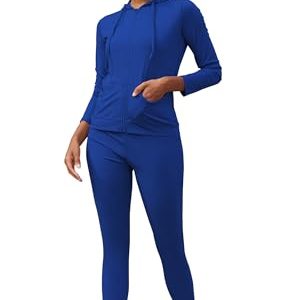 Two Piece Outfits Workout Sets-Zipper Hoodie Jacket with Sweatpants Bodycon Tracksuits Yoga Jogging Track Outfit Gym Wear-Navy