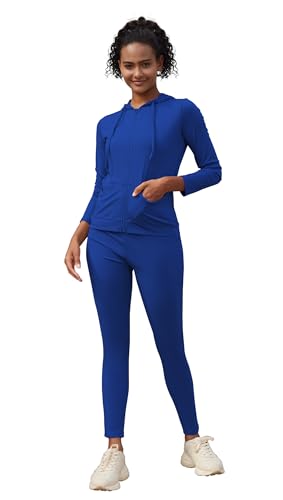 Two Piece Outfits Workout Sets-Zipper Hoodie Jacket with Sweatpants Bodycon Tracksuits Yoga Jogging Track Outfit Gym Wear-Navy