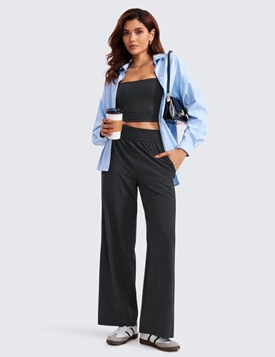 Lightweight Wide Leg Pants for Women 30" High Waisted Casual Lounge Travel Work Sweatpants Loose Fit Summer