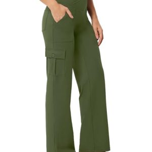 Yoga Pants with Pockets for Women Wide Leg Cargo Pants High Waist Crossover Stretch Work Travel Casual Sweatpants