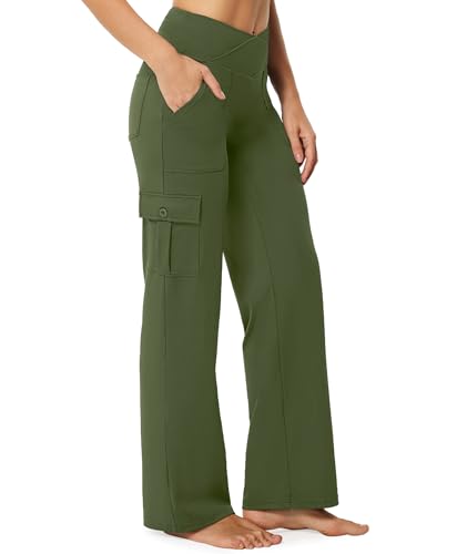 Yoga Pants with Pockets for Women Wide Leg Cargo Pants High Waist Crossover Stretch Work Travel Casual Sweatpants