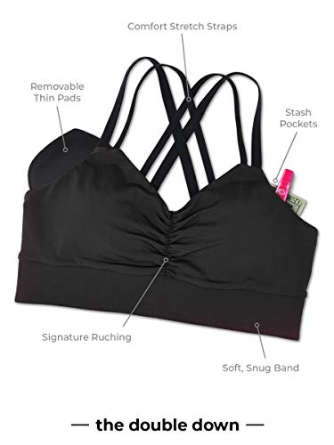 Double Down Women's Medium Impact Sports Bra, Removable Pad Inserts, Wire Free, Cross Back, Strappy Yoga Bra