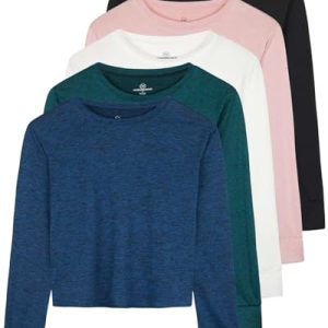 5 Pack: Women's Dry Fit Crop Top - Long Sleeve Crew Neck Stretch Athletic Tee (Available in Plus Size)