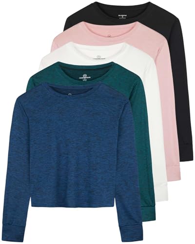 5 Pack: Women's Dry Fit Crop Top - Long Sleeve Crew Neck Stretch Athletic Tee (Available in Plus Size)