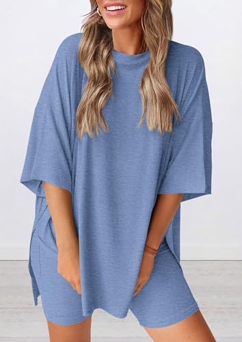 Women's Two Piece Lounge Set 2025 Summer Casual Oversized Shirts Biker Shorts Matching Airport Travel Outfit
