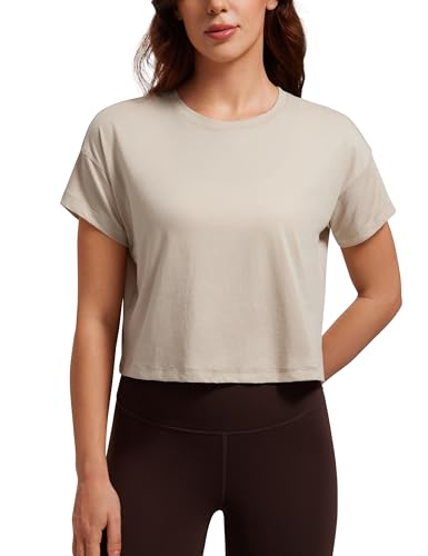 Women's Pima Cotton Workout Short Sleeve Shirts Loose Athletic Crop Tops Gym Casual Cropped T-Shirt