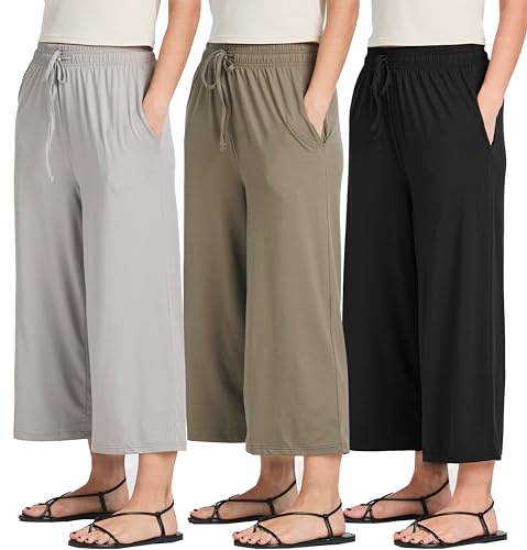 3 Pack: Women's Ultra-Soft Wide Leg Loose Capri Open Bottom Pants - Yoga Lounge Pockets(Available in Plus)