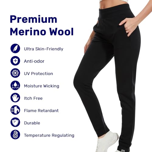 Women's Merino Wool Jogger Pant Thermal Sweatpant for Running Breathable Wicking Anti-Odor