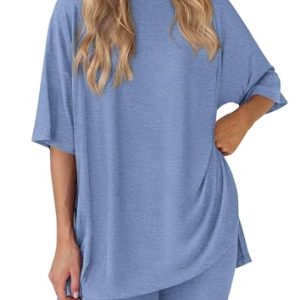 Women's Two Piece Lounge Set 2025 Summer Casual Oversized Shirts Biker Shorts Matching Airport Travel Outfit