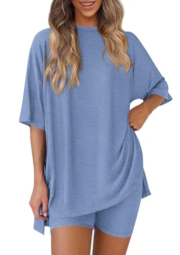 Women's Two Piece Lounge Set 2025 Summer Casual Oversized Shirts Biker Shorts Matching Airport Travel Outfit