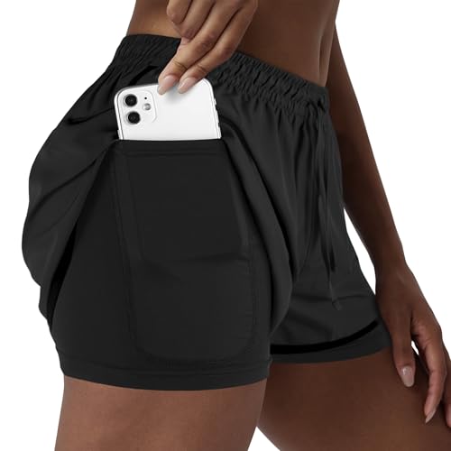 Women's 2 in 1 Running Shorts for Gym Yoga Workout Athletic Shorts High-Waisted Shorts with Liner Pockets