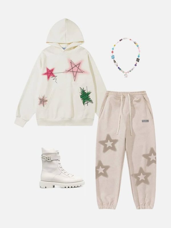 Mens Graphic Varsity Hoodies Graffiti Line Star Unisex Colorful Printing Oversized Casual Streetwear Tops