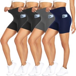 4 Pack Biker Shorts for Women with Pockets – 5" High Waisted Tummy Control Workout Yoga Running Gym Tennis Shorts