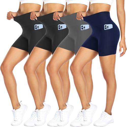 4 Pack Biker Shorts for Women with Pockets – 5" High Waisted Tummy Control Workout Yoga Running Gym Tennis Shorts