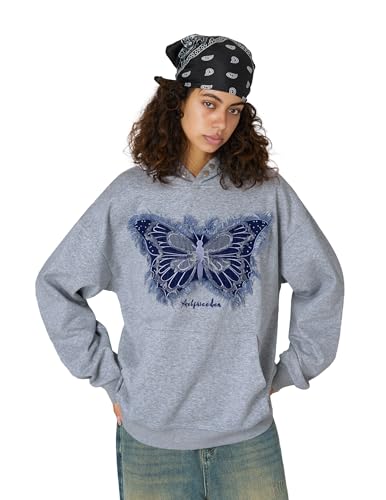 Hoodies Denim Butterfly Hoodie Casual Baggy Hooded Pullover Sweatshirts Streetwear Unisex