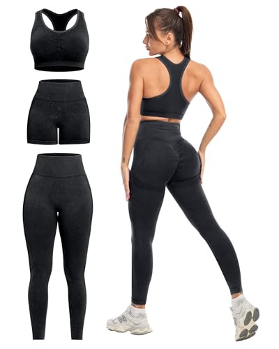 3 Piece Workout Sets for Women Butt Lifting Leggings with High Impact Sports Bra Gym Shorts