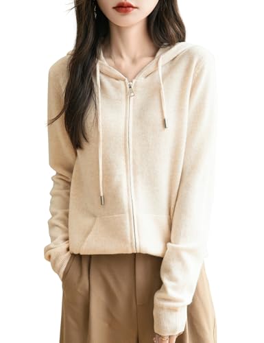 Women's 100% Merino Wool Zip Up Hoodies 2025 Fall Winter Warm Long Sleeve Knit Sweatshirt Cardigan with Pocket