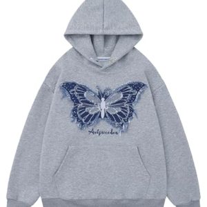 Hoodies Denim Butterfly Hoodie Casual Baggy Hooded Pullover Sweatshirts Streetwear Unisex