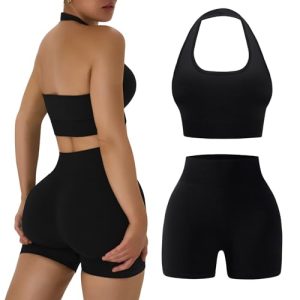 Workout Sets for Women 2 Piece Backless Halter Sports Bra High Waist Booty Shorts Yoga Gym Outfits Lounge Activewear